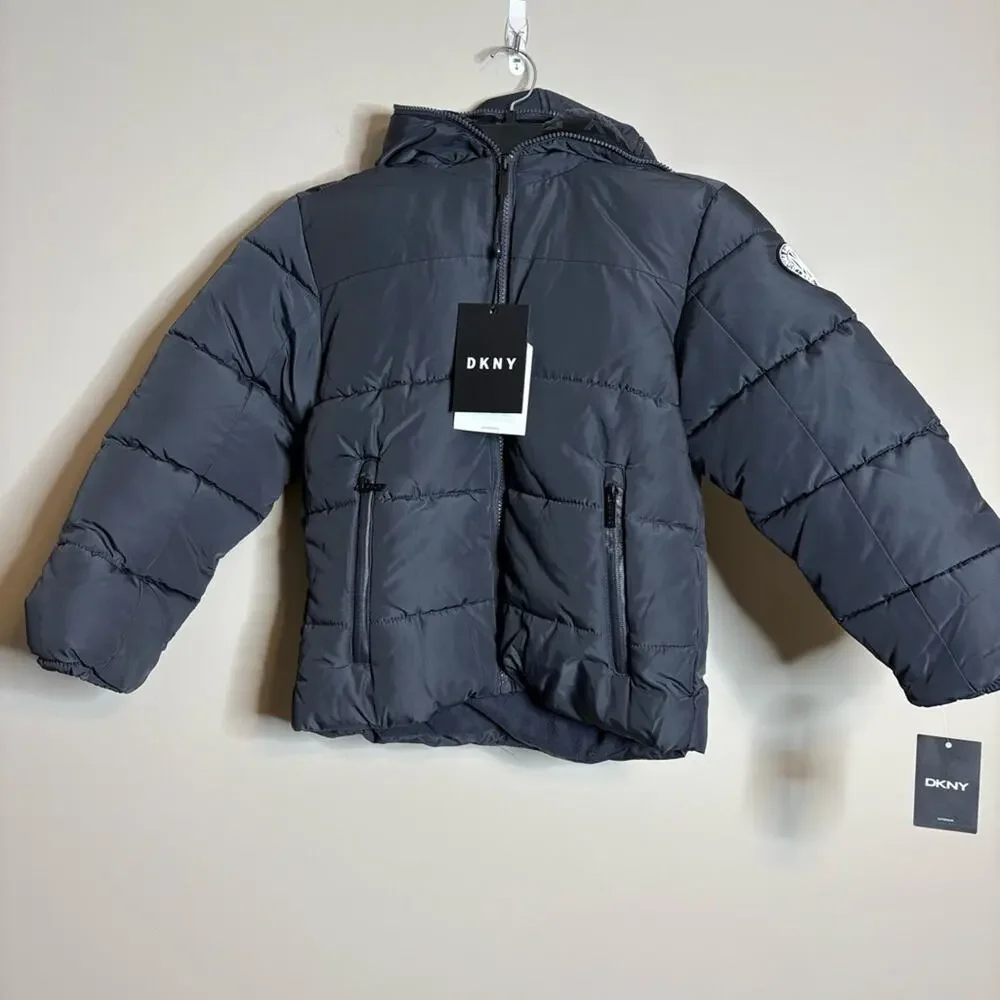NWT DKNY Boys' Sherpa Hood Insulated Jacket Charcoal Black Size 7